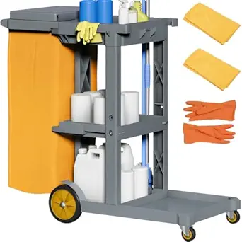 YITAHOME Janitorial Cart Cleaning Carts on Wheels, Gray Housekeeping Carts, 3-Shelf Commercial Traditional Plastic Janitor Cart with Lid & 2 Yellow 25 Gallon Vinyl Bag, Mop & Broom Holders, Gray