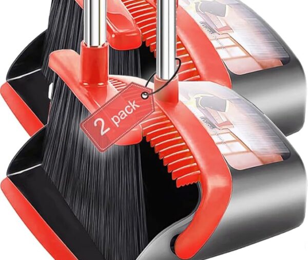 2-Pack is More economical,Brooms with Dustpan Combo Set， with 52" Long Handle, Dustpan Teeth with self-Cleaning Function, Indoor and Outdoor Sweeping, Perfect for Home Office (Large/Red /2-Pack)