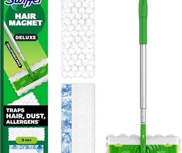 Swiffer Hair Magnet Deluxe Starter Kit with Collapsible Pole, 9 Hair Magnet Dry Cloths, 2 Bonus Mop & Go Wet Cloths