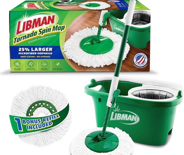 Libman Tornado Spin Mop System and 1 Refill, Mop and Bucket with Wringer Set for Hardwood Floor Cleaning, 2 Total Heads Included