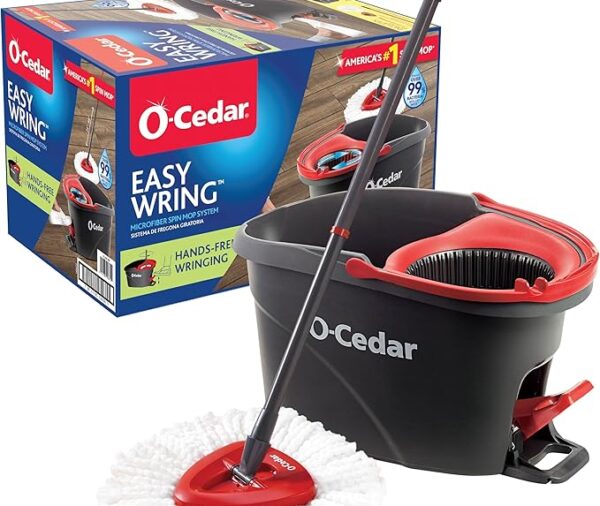 O-Cedar EasyWring Microfiber Spin Mop, Bucket Floor Cleaning System, Red, Gray, Standard